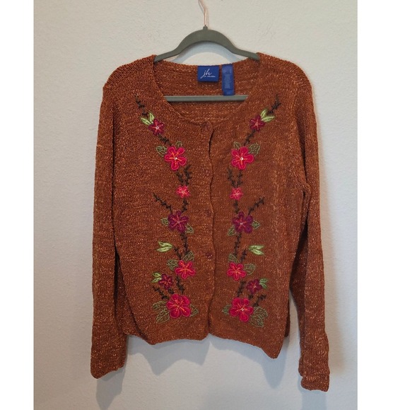 Rust Brown Floral Embroidered Knit Cardigan Boho Fall Vintage Vibe Size Medium - Picture 3 of 8